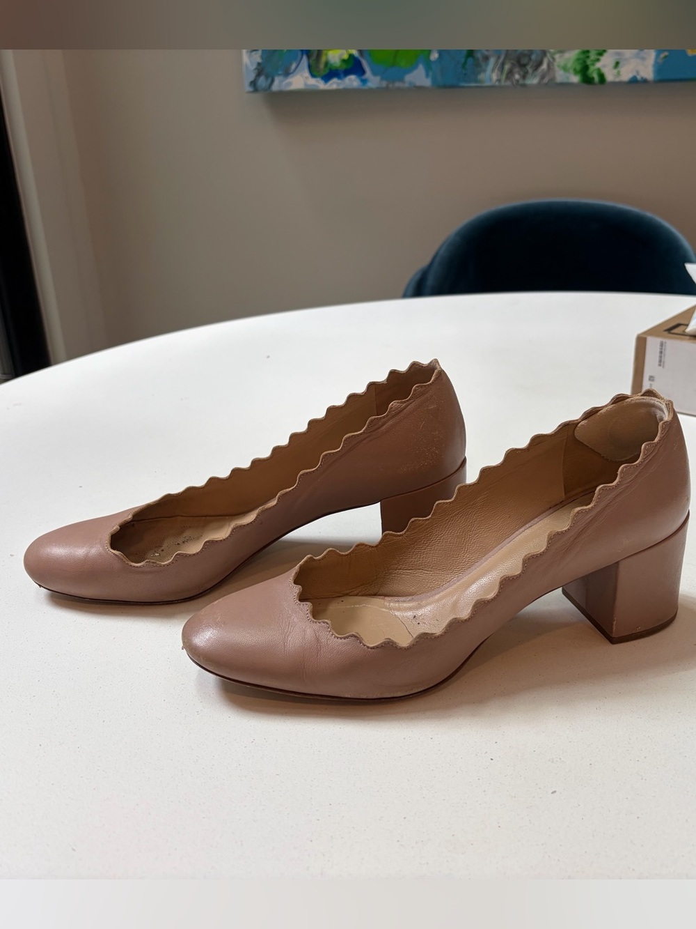 Chloe Scalloped Edge Block Heel Pumps - Taupe Brown